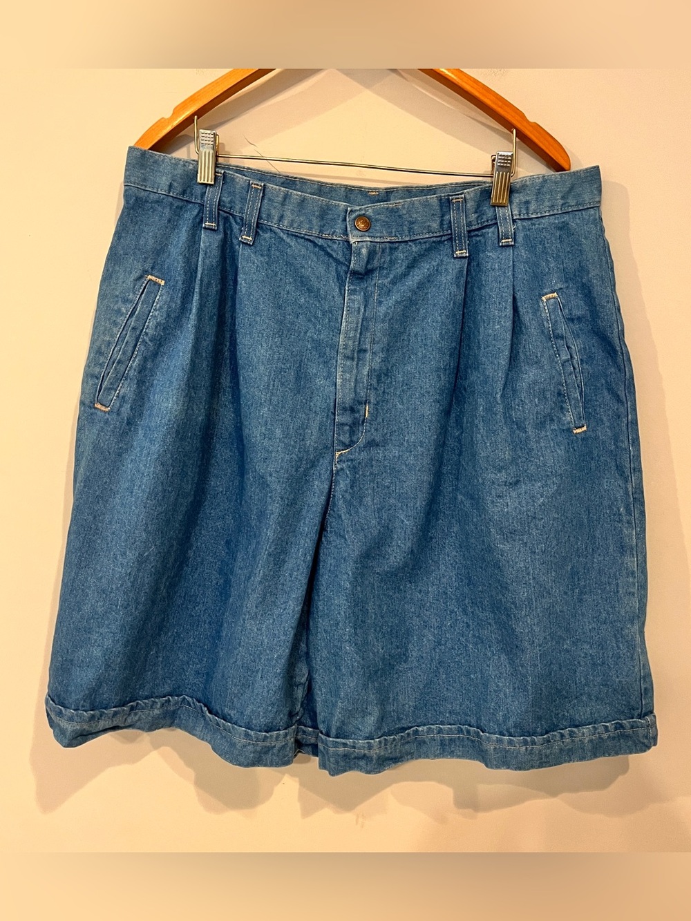 Vintage French Navy Casual Blue Denim Jean Shorts with Pleated Front Plus Size